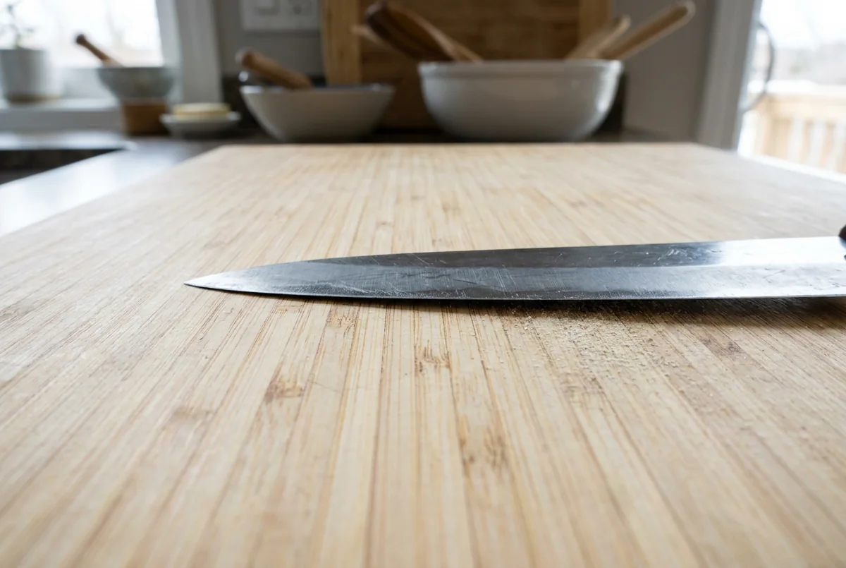 A thin chef’s knife resting on the laminated strips of a bamboo board
